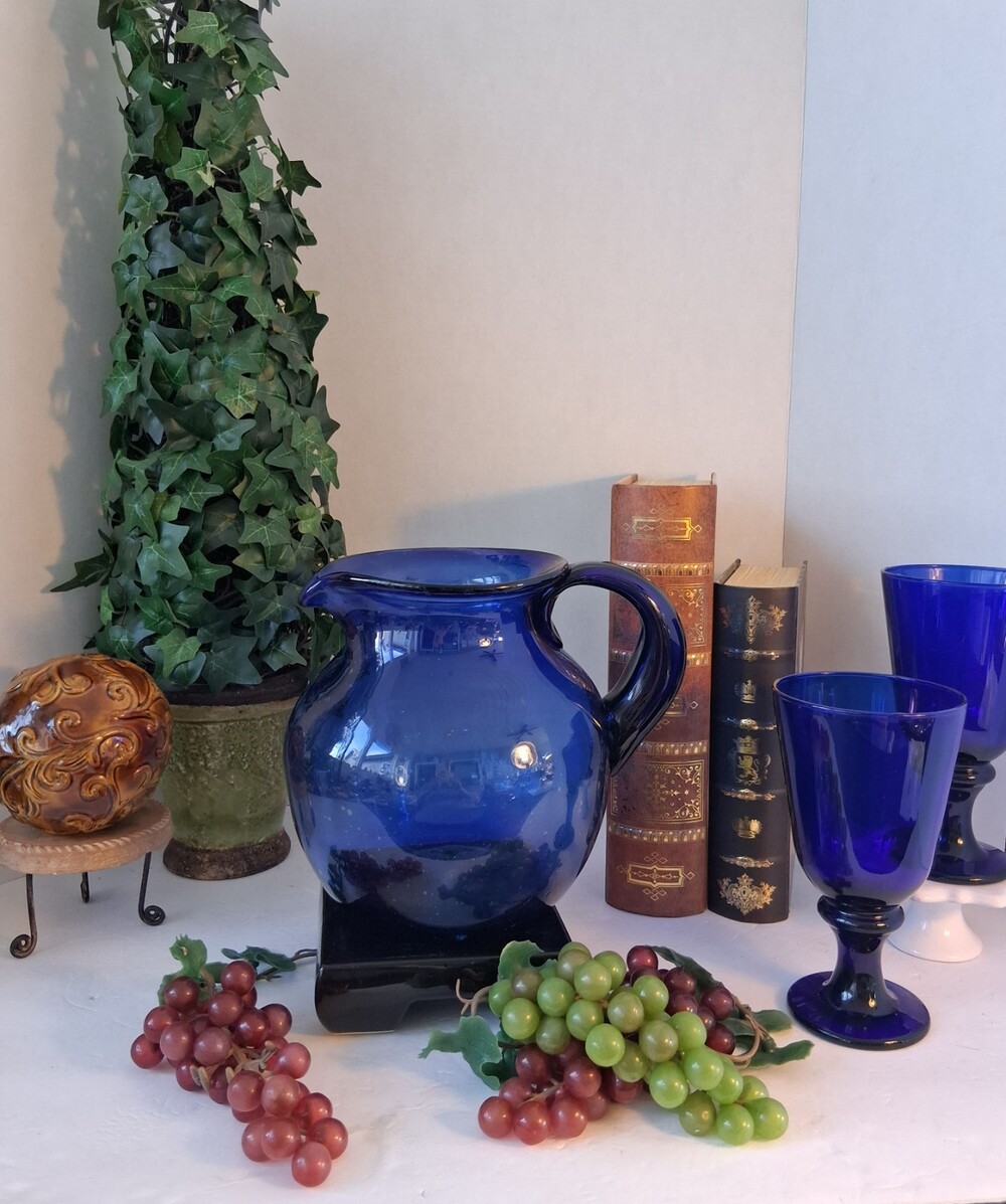 Vintage Cobalt Blue Hand-Blown Art Glass Pitcher with Applied Handle
